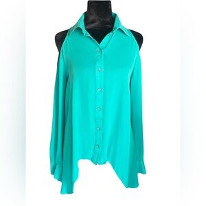 Parker Teal Asymmetrical Cold Shoulder Button Down Shirt